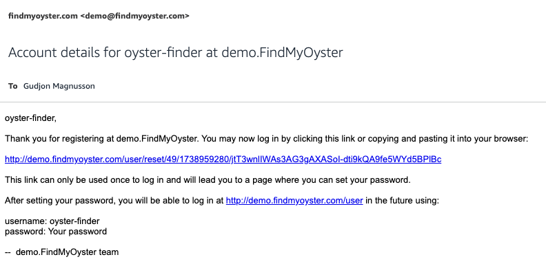 Sign-up email from FindMyOyster